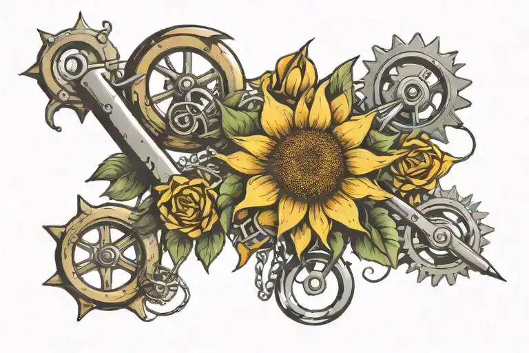 sun flower and mechanic tools tattoo design idea