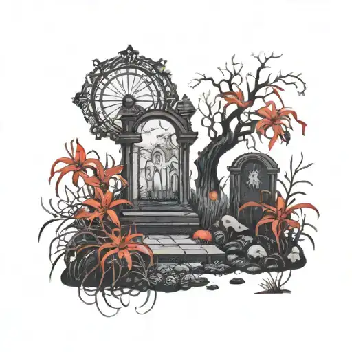 A macabre scene of a graveyard at night, with red spider lilies blooming among the tombstones tattoo design idea