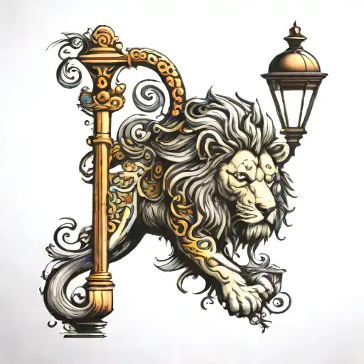 narni lamppost and lion.  lion has Jamaica colored bead, everything else is black and white.  tattoo design idea