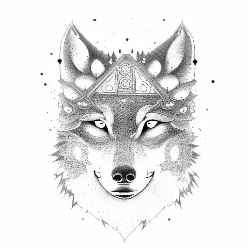 castle with gray fog and wolf walking through it  tattoo design idea