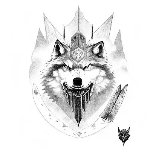 castillo con niebla gris con lobo y espada de escalibur castle with gray fog with wolf and sword of escalibur  tattoo design idea