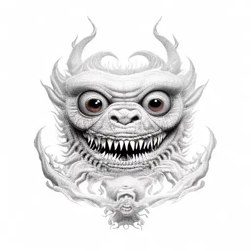 monster; she has a round face, wide eyes, a beard, and a gaping mouth with an extended tongue and gnashing, sharp teeth tattoo design idea