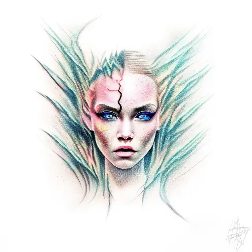 female face, lightning  tattoo design idea