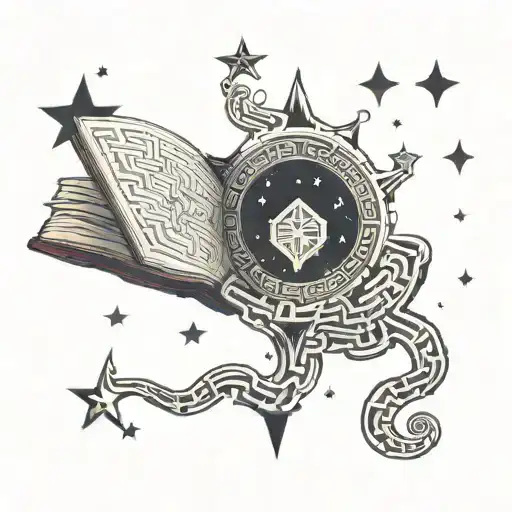book with maze in the universe with stars reflected in a mirror tattoo design idea