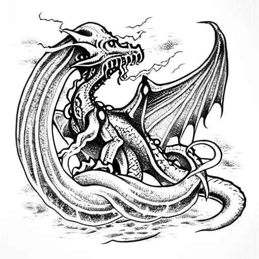 cthulhu dragon in a stormy night sea scene tattoo design idea