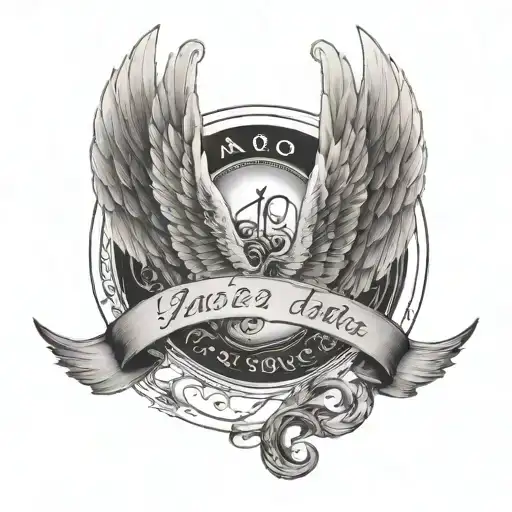 name in the middle of angel wings and halo and an infinity with a space for writing a date  tattoo design idea