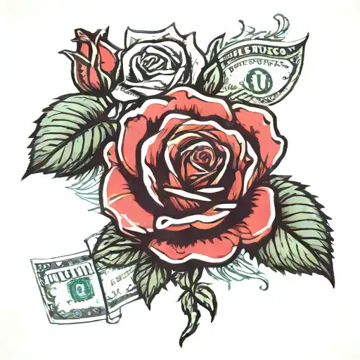 rose made of dollars, foliage and woman's eye tattoo design idea
