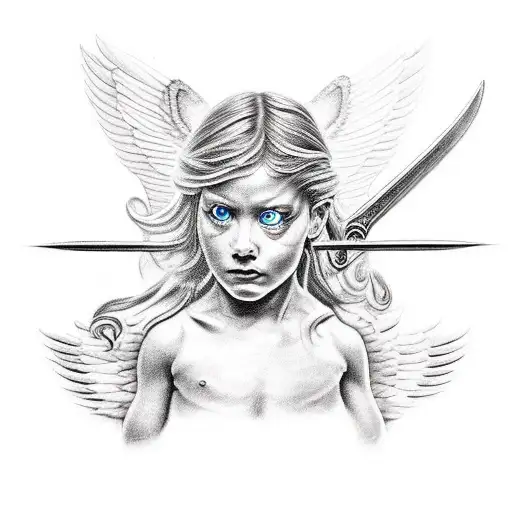 the tattoo of an angel holding a sword and cutting off the head of a snake  tattoo design idea
