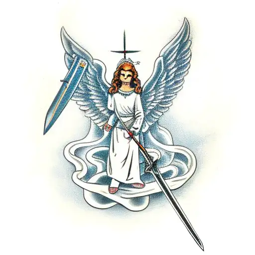  an angel holding a sword and cutting off the head of a snake  tattoo design idea