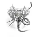 angel cutting a snake head tattoo design idea