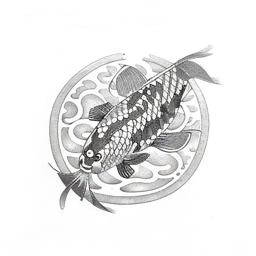 Samurai and Japanese Temple Tattoo Design with Koi Fish, AI Art Generator