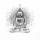 A Buddha meditating with musical notes surrounding tattoo design idea