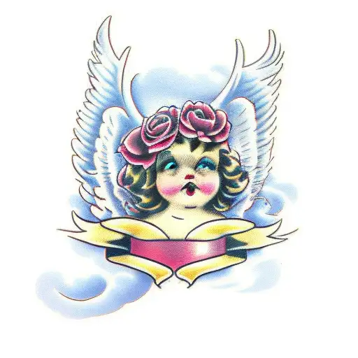 Angel with roses and clouds  tattoo design idea