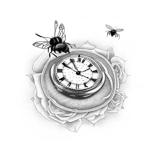 flowers, butterfly, bee, dragonfly, hour glass and pocket watch tattoo design idea