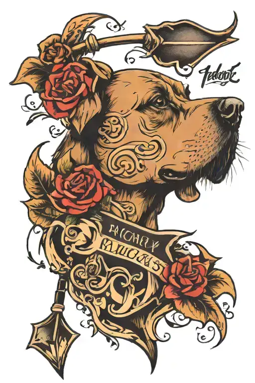 half of my dogs face with his name going down in my arm in cursive with an arrow at the end  tattoo design idea