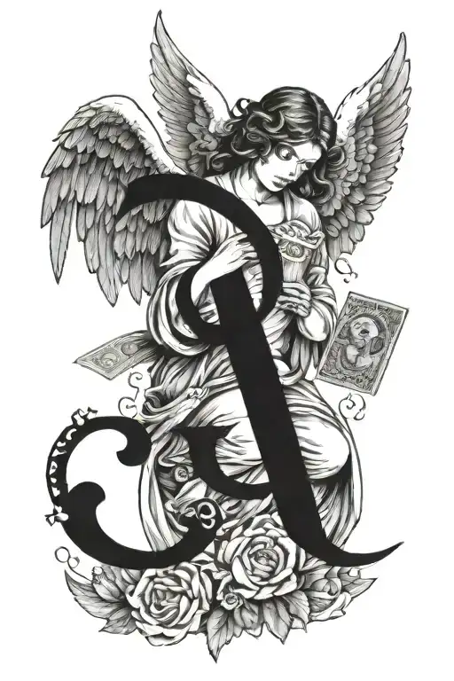 angel with money letter G letters tattoo design idea
