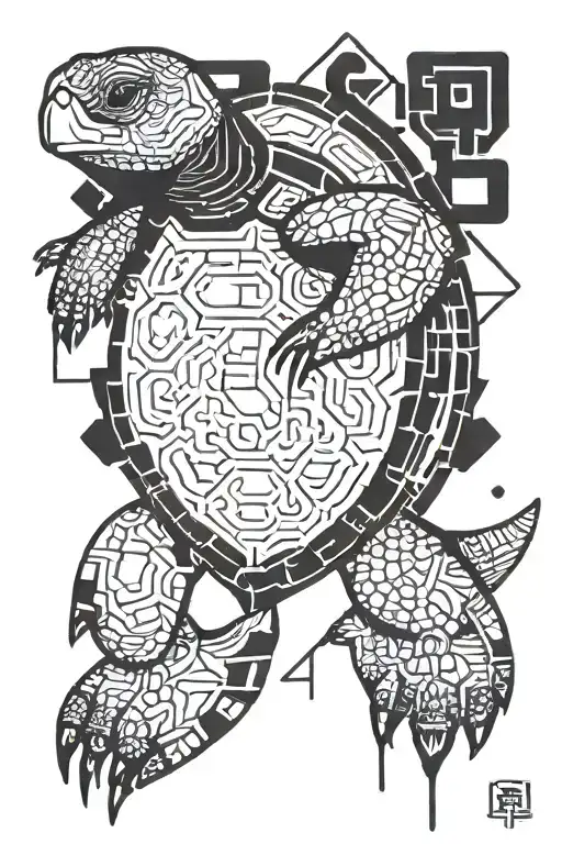 A turtle that combines Aztec and cyberpunk styles tattoo design idea