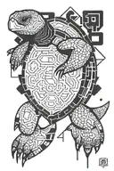 A turtle that combines Aztec and cyberpunk styles tattoo design idea