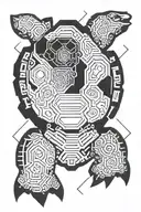 A turtle that combines Aztec and cyberpunk styles tattoo design idea