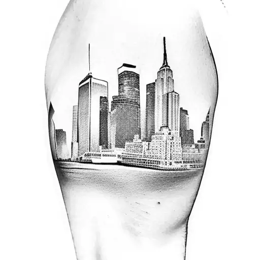 A minimalist black and grey tattoo of the New York skyline with baseball and football motifs representing the Yankees and Giants, with a small tribute to Monicia Gee incorporated into the design tattoo design idea