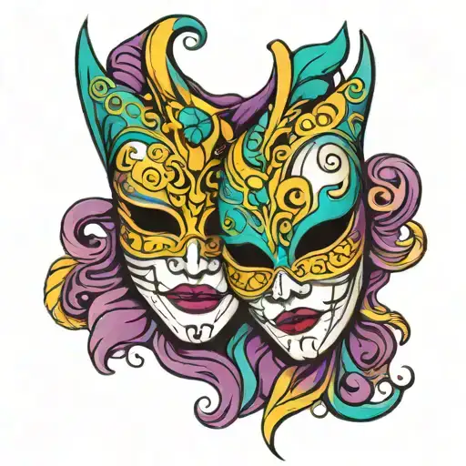 two Venetian masks facing awy from each other purple and teal tattoo design idea