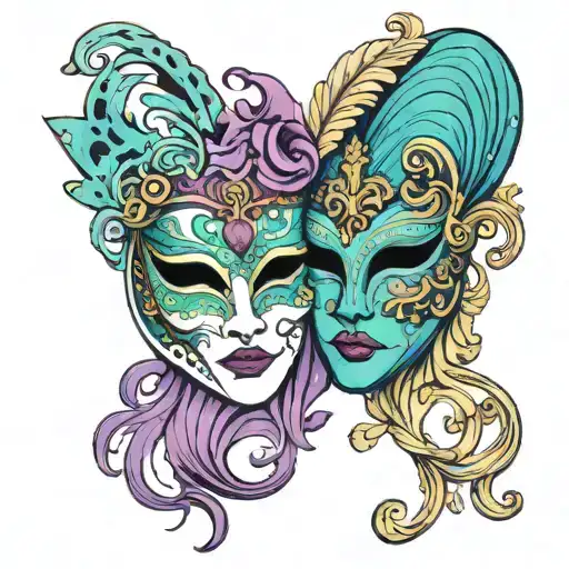 two Venetian masks facing each other purple and teal tattoo design idea