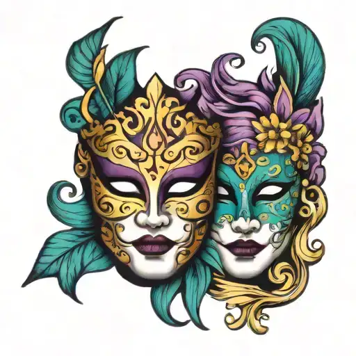 two Venetian masks purple and teal tattoo design idea