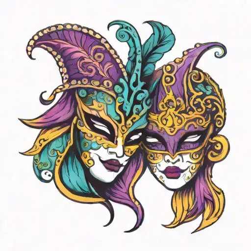 two Venetian masks facing each other purple and teal tattoo design idea