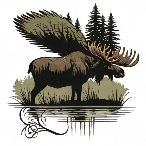 moose on the edge of a lake eating vegetation inspired tattoo design idea