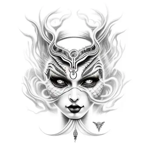 Slavic goddess Mara in black horror style tattoo design idea