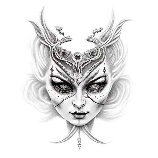 Slavic goddess Mara in black horror style tattoo design idea