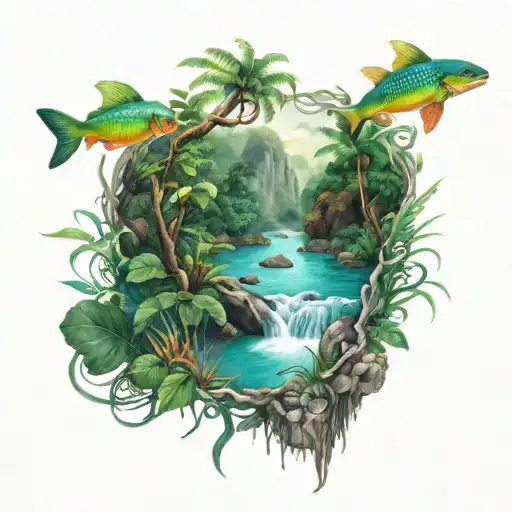 rainforest river underwater scene tattoo design idea