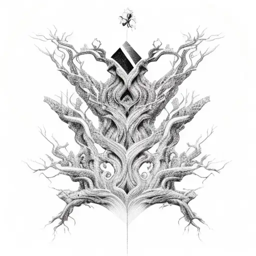 yggdrasil, shattered dimension style trunk of the tree is an hourglass. Roots are showing 4 numbers: 1959,1959,1984,1991 tattoo design idea