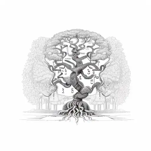 yggdrasil, trunk of the tree is an hourglass. Roots are showing 4 numbers: 1959,1959,1984,1991 tattoo design idea