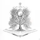 yggdrasil, shattered dimension style trunk of the tree is an hourglass. Roots are showing 4 numbers: 1959,1959,1984,1991 tattoo design idea