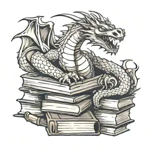 A dragon curled around a stack of books, symbolizing knowledge and power tattoo design idea