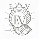 seashell with letters "E & V" in it, coastal vibes, coastal Italian restaurant logo tattoo design idea