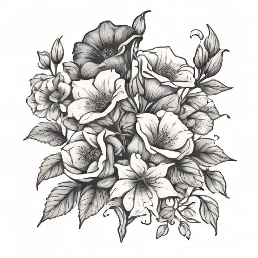 flowerbouqet with the flowers snow drop, Rose, poppy and morning glory tattoo design idea