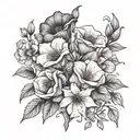 flowerbouqet with the flowers snow drop, Rose, poppy and morning glory tattoo design idea