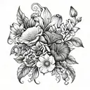 flowerbouqet with the flowers snow drop, Rose, poppy and morning glory tattoo design idea