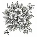 flowerbouqet with the flowers snow drop, Rose, poppy and morning glory tattoo design idea
