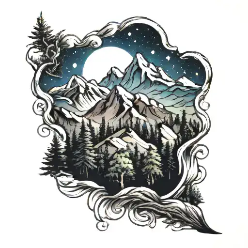 mountains and trees galaxy  tattoo design idea