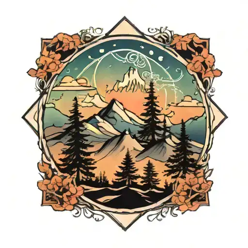 mountains trees northern lights tattoo design idea