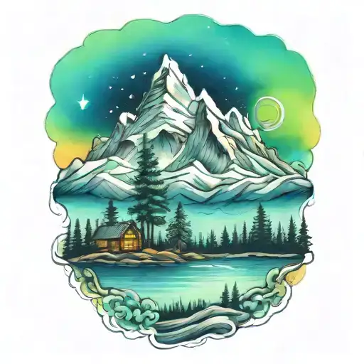 mountains trees northern lights tattoo design idea