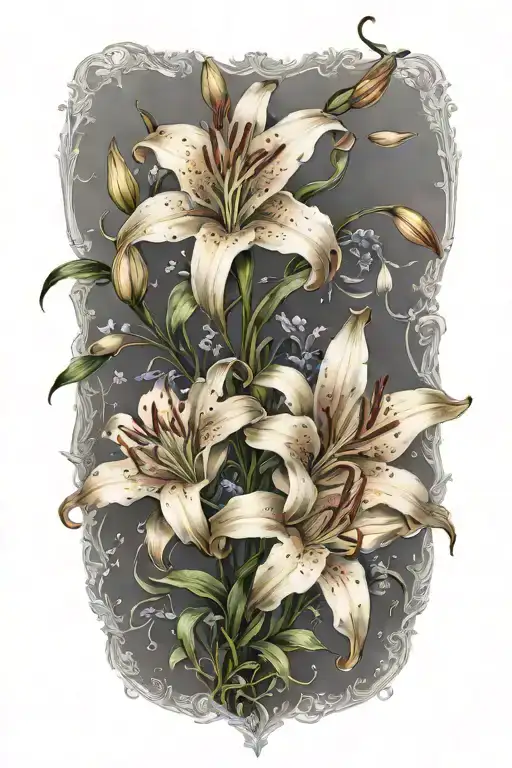 lilies and tiny flowers growing tattoo design idea