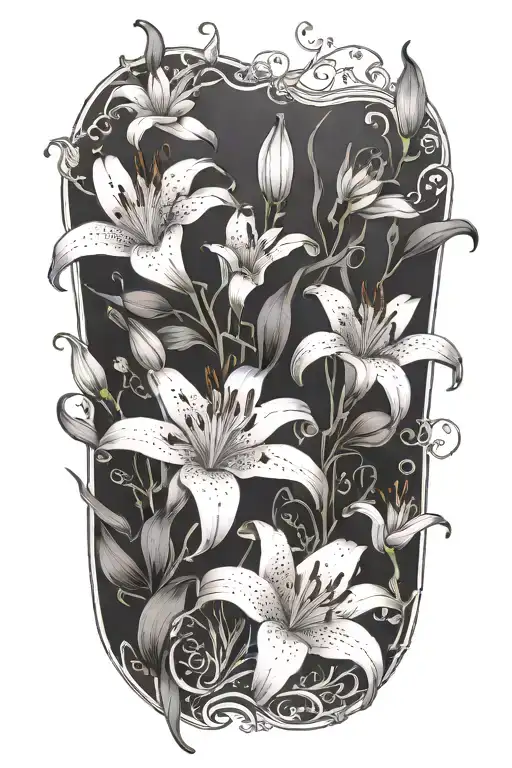 lilies and tiny flowers growing tattoo design idea