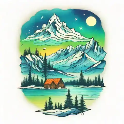 mountains trees northern lights tattoo design idea