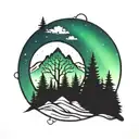 mountains trees northern lights tattoo design idea