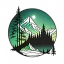mountains trees northern lights tattoo design idea