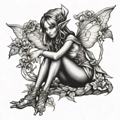 elf fairy sitting tattoo design idea